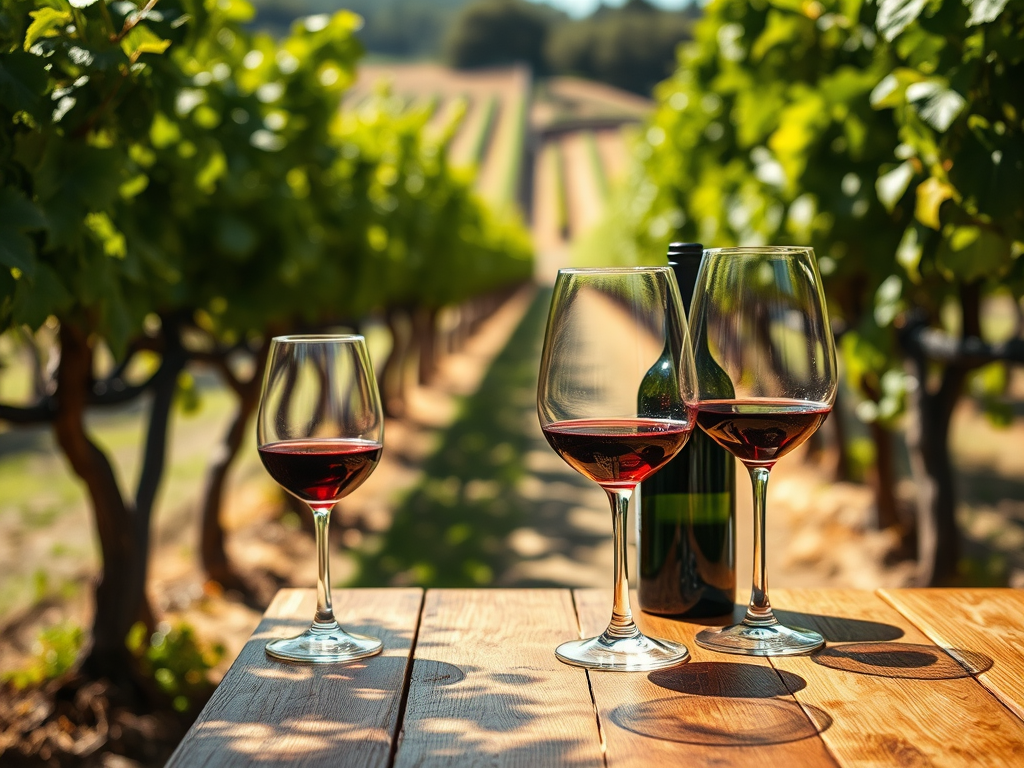 Three glasses of red wine on a wooden table in a vineyard, with grapevines in the background.