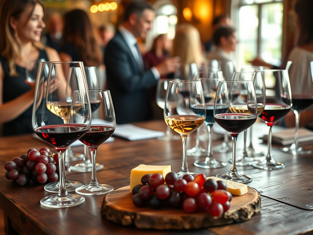 A table with various glasses of wine, including red, white, and rosé, alongside a platter of cheese and grapes, with blurred figures socializing in the background.
